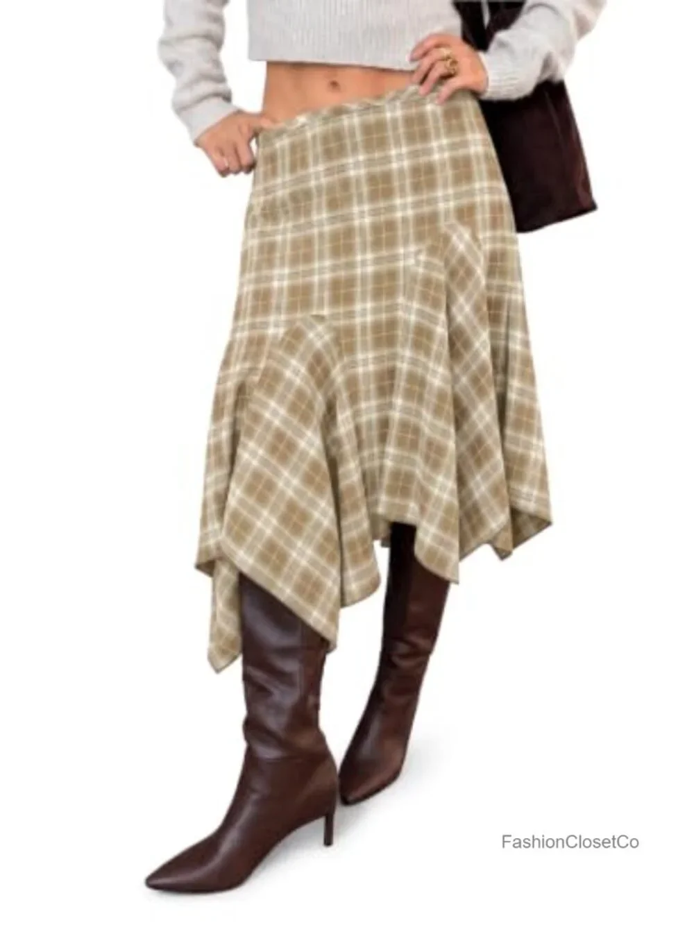 Women's Plaid Midi Skirt Y2K Low Waist Asymmetrical Flowy Grunge Pleated